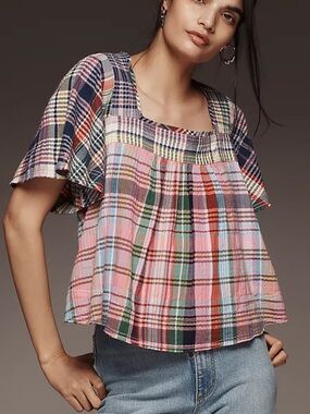Anthropologie Pink Multi Plaid Flutter-Sleeve Blouse